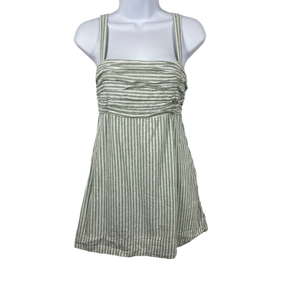 Abercrombie & Fitch Green White Striped Linen Blend Romper SP Smocked Back